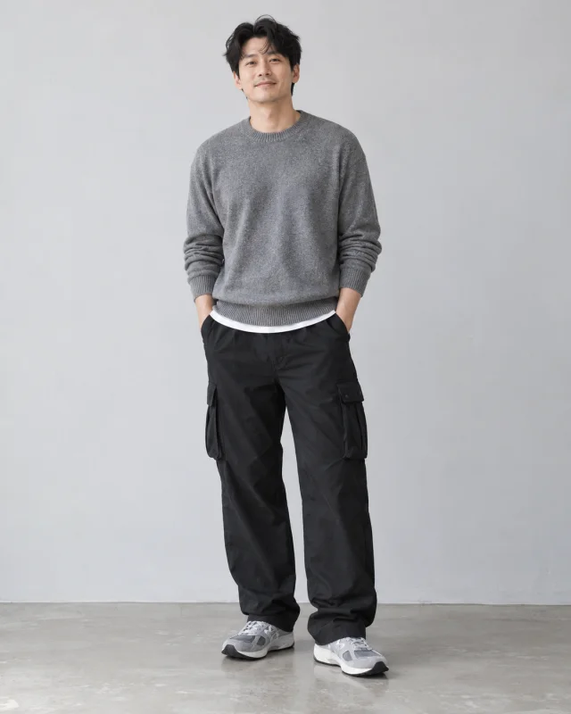 검은 카고 팬츠와 스니커즈