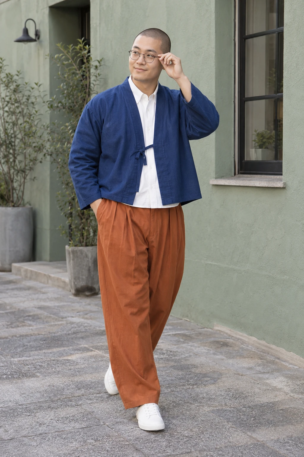 코발트 랩 재킷과 주황 플리츠 팬츠
